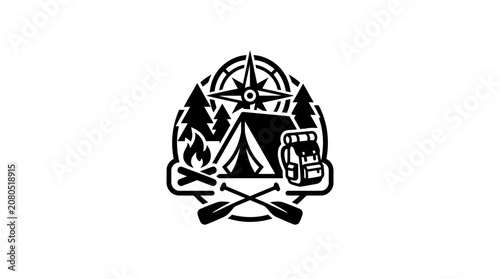 Outdoor camping and boating emblem icon with crossed paddles.