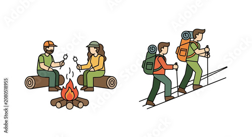 People roasting marshmallows by campfire and hiking up mountain.