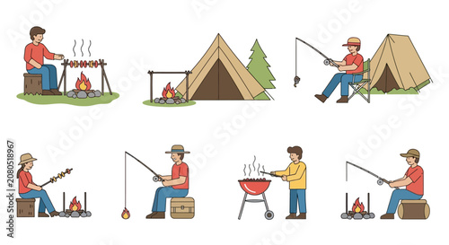 People engaged in various camping and fishing outdoor activities.