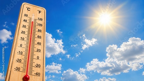 Wooden thermometer showing extreme summer heat under bright sunshine and blue sky with fluffy white clouds