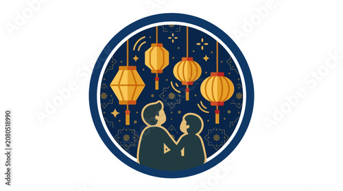 People watching illuminated paper lanterns under night sky emblem.
