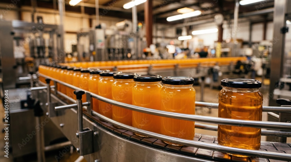 Naklejka premium A production line with jars of orange liquid on a conveyor belt in a factory setting. Industrial machinery is visible in the background.