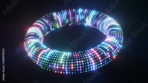 Donuts shape animation circles glowing torus ring models. Colorful LED dots display matrix terminal graphics. Technical dashboard interface assets loop system metrics charts.
