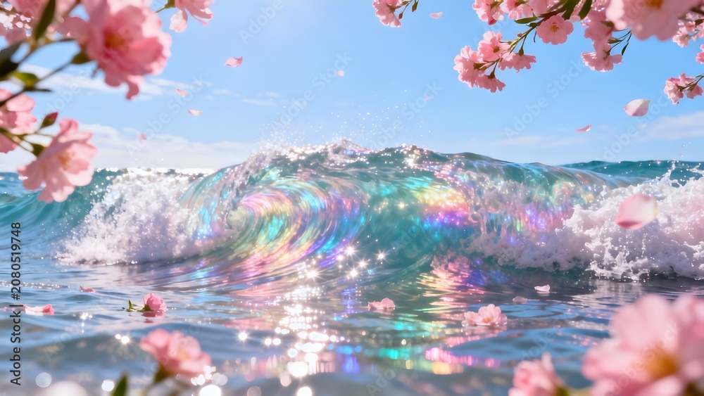 Naklejka premium Rainbow wave with cherry blossoms