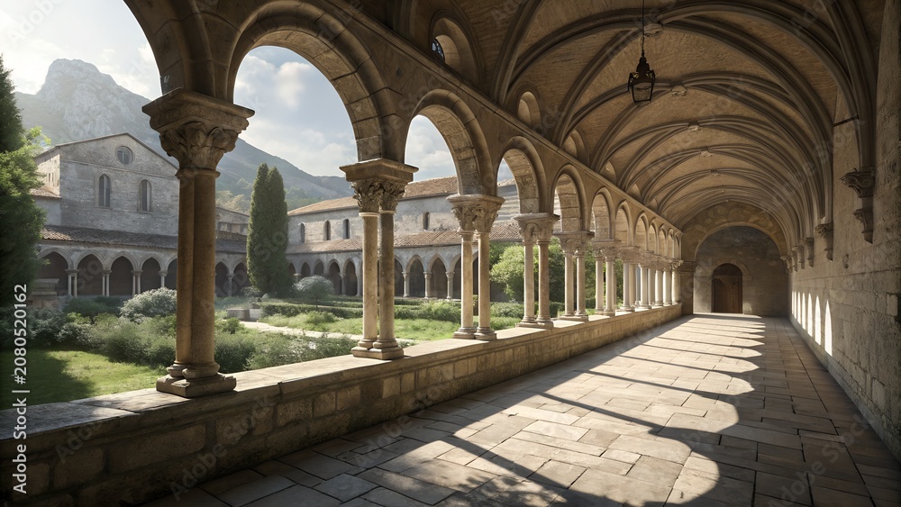 Obraz premium Ancient Monastery Cloister With Repeating Stone Arches and Shadows