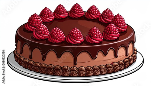 Delicious Chocolate Cake with Raspberry Topping Illustration.