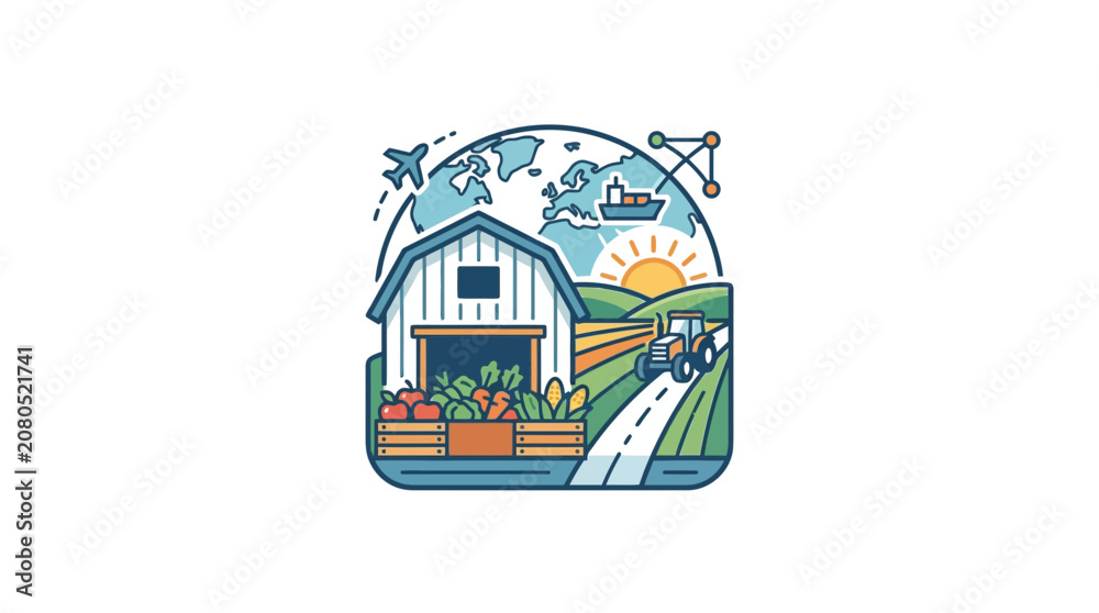 Naklejka premium Global Agriculture: Farm, Tractor, Produce, and International Trade