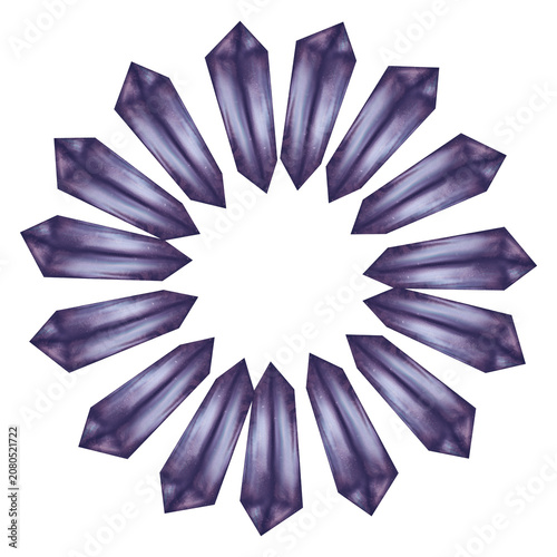 Elegant crystal wreath with purple amethyst gemstones forming a round frame. Decorative border with copy space for invitations, branding, posters, social media, and creative designs