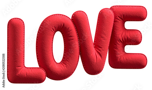 Red felt fabric LOVE text 3D illustration with stitched borders