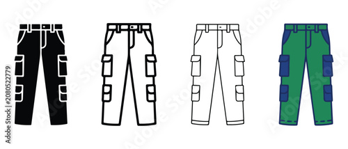 cargo pants with pockets  green blue white black and white outline