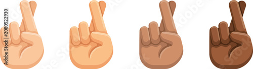 Four diverse hands showing crossed fingers gesture for luck and good fortune on white background