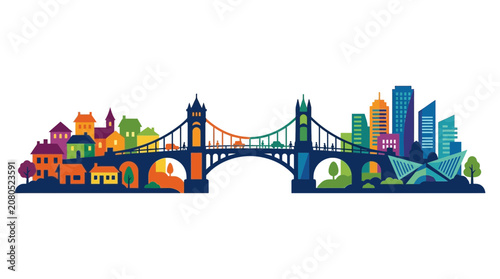 Colorful Bridge City Skyline Vector Illustration