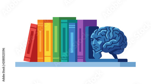 Colorful Bookshelf with Human Brain Sculpture Bookend