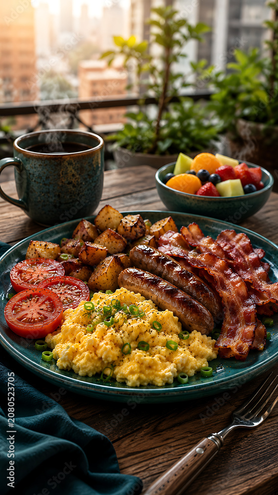 Obraz premium Urban balcony breakfast plate with scrambled eggs sausages crispy bacon roasted potatoes tomatoes fruit bowl coffee and city morning background sunlit table closeup