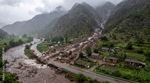 Obraz na plátně Aerial view of a devastating flash flood and landslide aftermath destroying a re