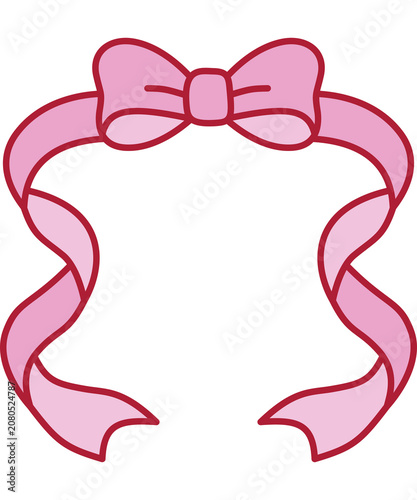 Hand drawn pink ribbon bow with long wavy tails frame, cute coquette border decoration PNG isolated