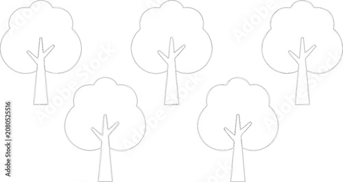 Konstfotografi Five identical tree illustrations with rounded crowns in simple line art vector