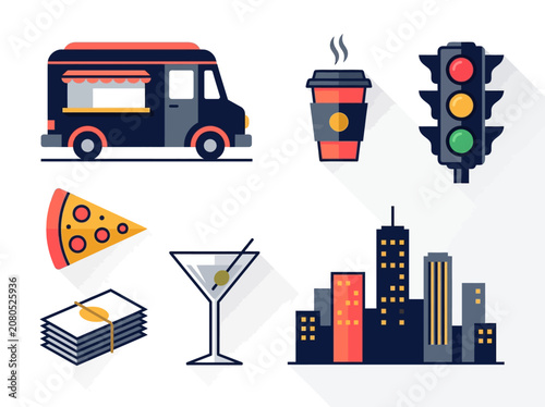 Foto Modern Urban City Life Flat Vector Icon Set with Food Truck Skyline and Food