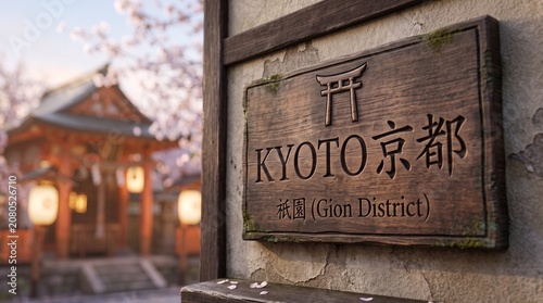 Kyoto Gion District Sign with Cherry Blossoms and Traditional Temple