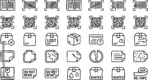 Shipping and Packaging Icons: A collection of line art icons illustrating various aspects of shipping and packaging, including barcodes, QR codes, damaged goods, fragile labels.