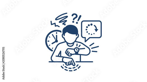 Stressed person checking watch with time management symbols