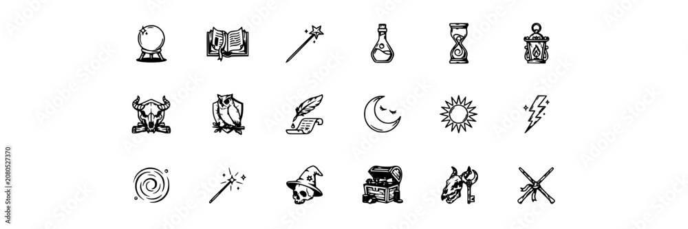 Fototapeta premium Fantasy Magic Icons Including Crystal Ball, Books, Wand, and Lightning Bolt Featuring Moon, Sun, Owl with Quill and Hourglass