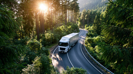 Aerial drone view of a white cargo truck riding a curved asphalt road through a bright sunlit forest lush green canopy transport logistics nature with copy space