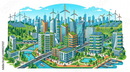 Eco friendly smart city flat vector illustration with green buildings wind turbines solar panels and sustainable transport