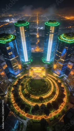 Aerial overhead view of futuristic sustainable city with neon green skyscrapers at night