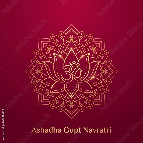 Golden lotus and om symbol mandala greeting card design for ashadha gupt navratri festival celebration with ornamental line art on a deep red background