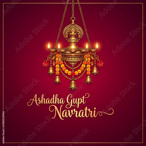 Ashadha gupt navratri greeting card featuring a hanging golden diya lamp decorated with marigold garlands and traditional bells against a deep maroon background