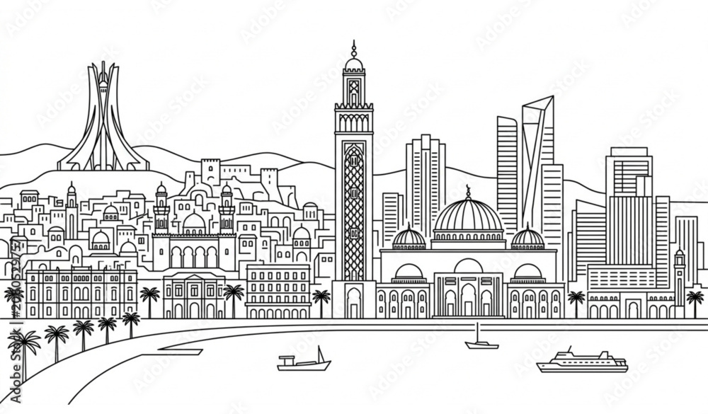 Obraz premium Algiers City Skyline Line Art Vector Illustration with Modern Landmark Outline