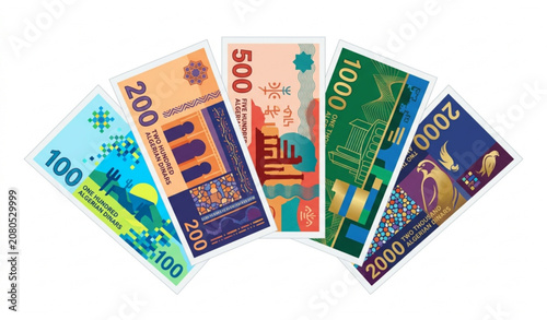 Schilderij op canvas Modern Geometric Algerian Dinar Banknotes Vector Collection in Pixel Block Style