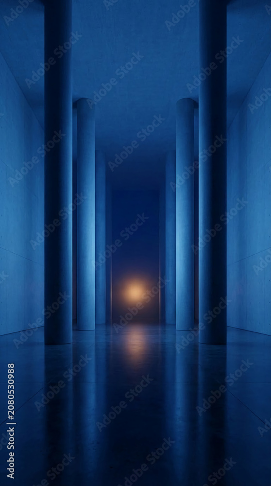 Fototapeta premium Long blue corridor with concrete walls and large pillars, illuminated by a warm light in the distance, suggesting mystery and destination