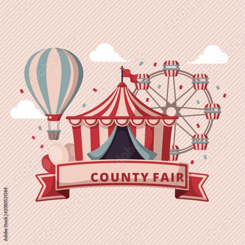 Obraz na plátně Vintage county fair banner with amusement park circus tent and hot air balloon