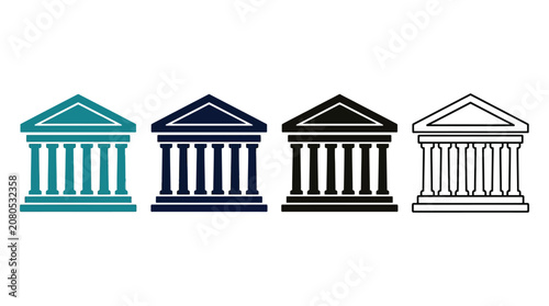 Four simple bank icons displayed in a row featuring different colors and clean outlines