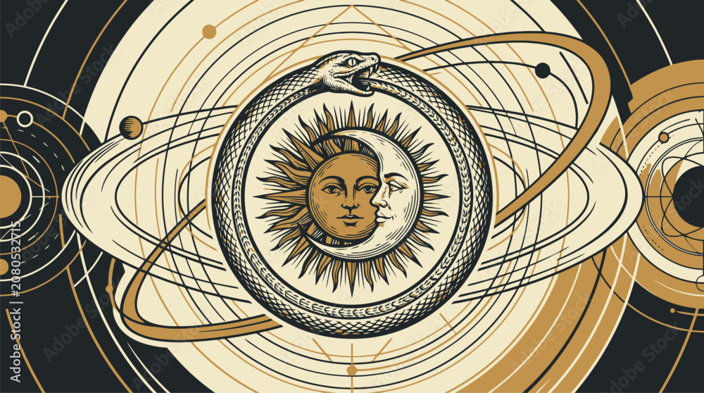 Fototapeta premium Sun face celestial emblem vector illustration with orbit rings and space background.