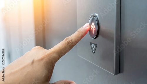 Finger pressing up arrow button on elevator panel.