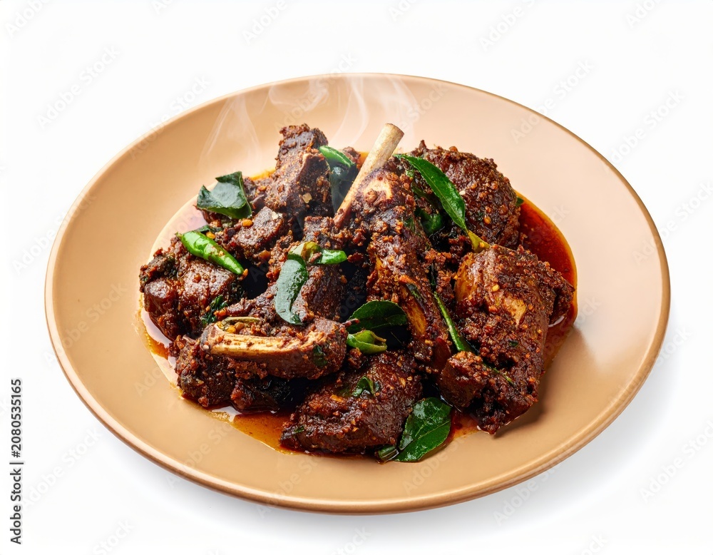 Fototapeta premium Kerala Mutton Nadan Roast Fry With Curry Leaves On Sandalwood Plate Isolated On White Background