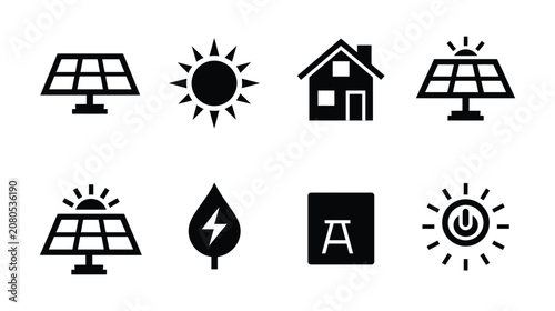 Solar icon set including energy panels and nature symbols