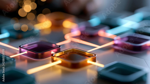 An abstract glowing flowchart diagram on a bright clean white floor luminous minimalist background computing algorithm concept workflow technology with copy space