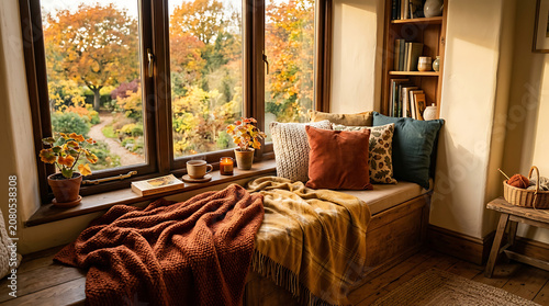 Cozy autumn reading nook featuring plush blankets stacked pillows and warm light by window overlooking scenic garden views creating tranquil atmosphere for relaxing at home inside.