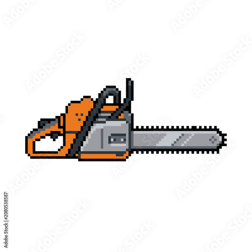 Pixel art orange chainsaw tool.