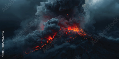 Φωτογραφία Abstract Burning Fire in the Night Sky with Billowing Smoke Clouds Glowing Red O