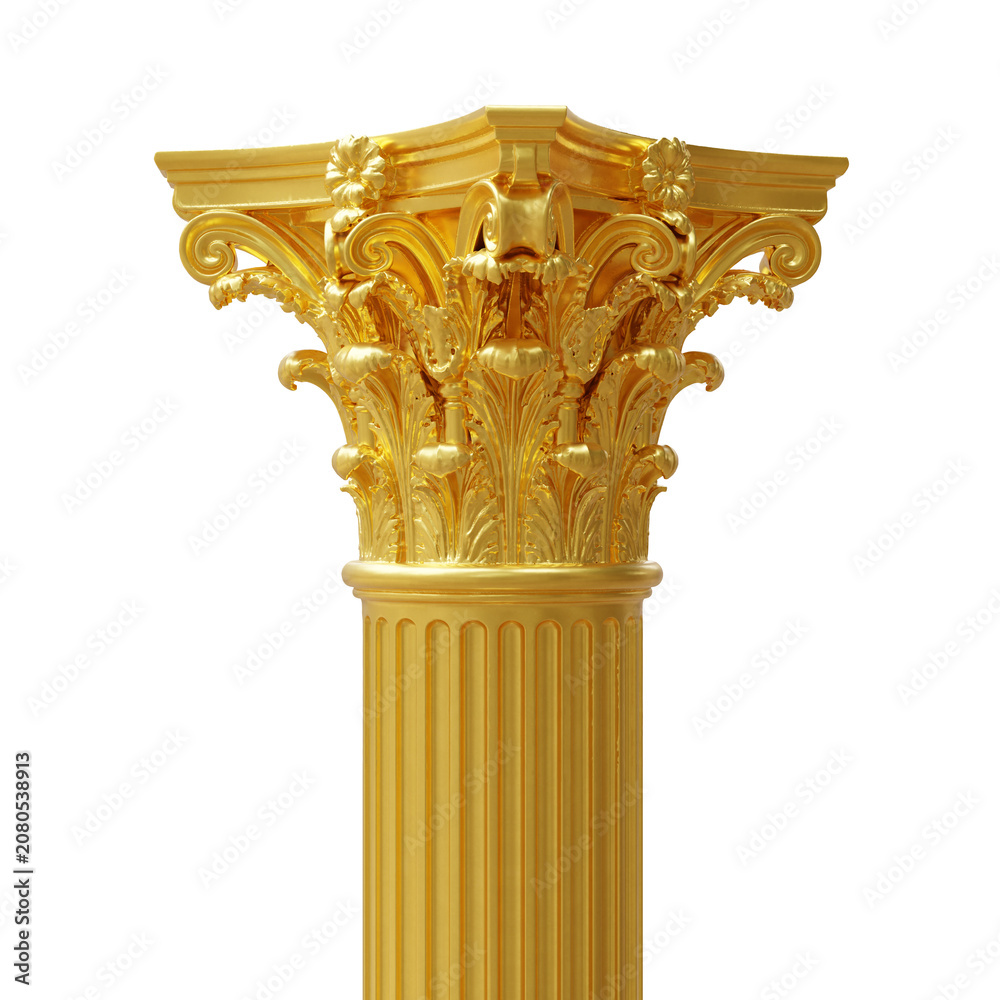 Obraz premium Ornate gold Corinthian column capital with acanthus leaves and a fluted shaft, isolated on white transparent for classical design