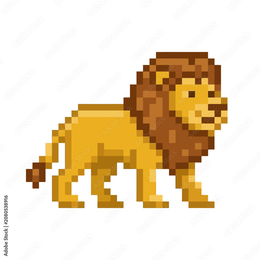 Fototapeta premium Pixel art lion with mane walking.