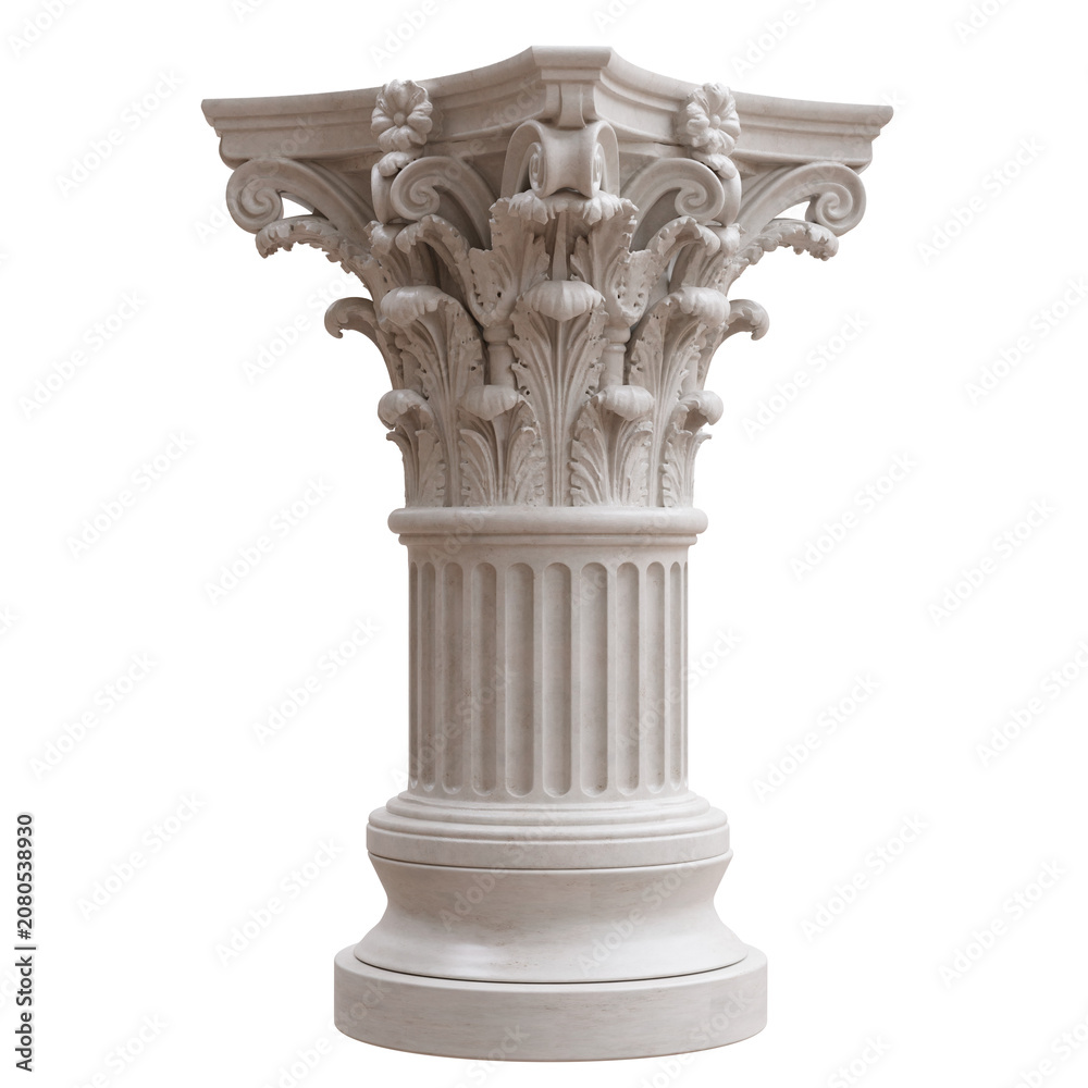 Obraz premium Ornate Corinthian marble column capital with acanthus leaves and a fluted base, isolated on white transparent