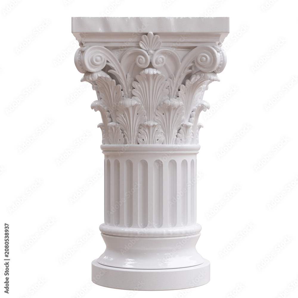 Obraz premium Glossy white Corinthian column capital with acanthus leaves, scroll volutes, and a fluted shaft, isolated on white transparent