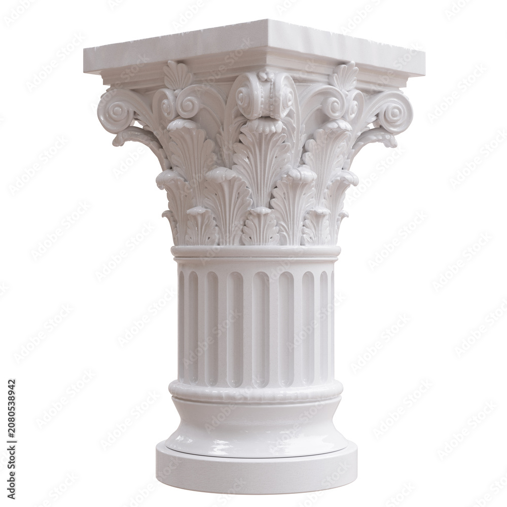 Obraz premium Glossy white Corinthian column capital with fluted shaft, acanthus leaves and scrollwork, isolated on white transparent for architectural design