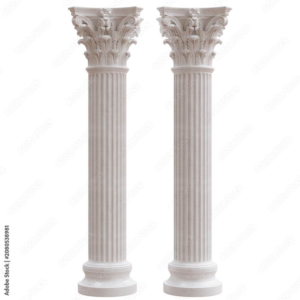 Obraz premium Two ornate Corinthian marble columns with fluted shafts and carved acanthus capitals stand isolated on white transparent